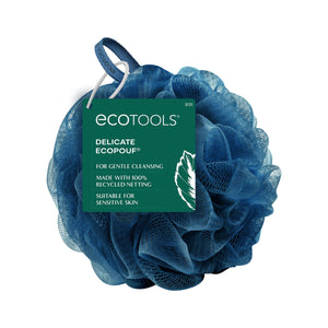 Blue mesh bath pouf with loop handle, delicate cleansing scrub