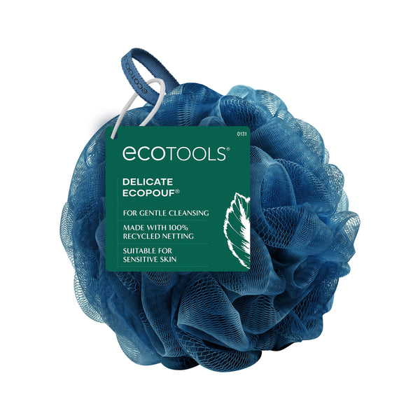 Blue mesh bath pouf with loop handle, delicate cleansing scrub