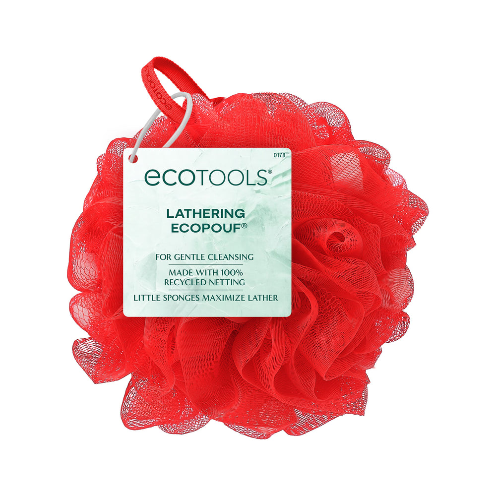 Red lathering eco pouf with dense mesh netting flower shape