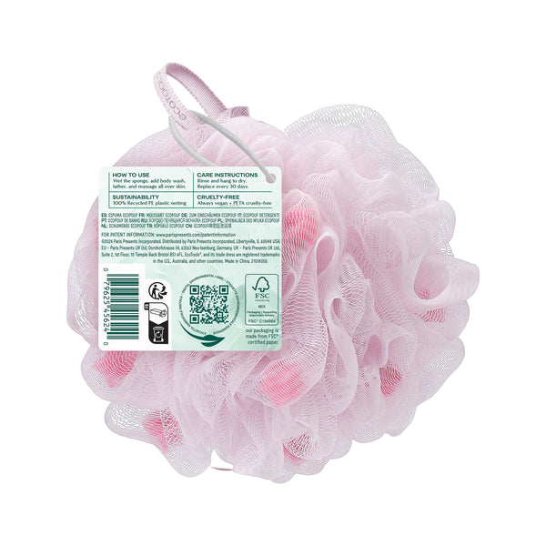 Pink mesh bath pouf with care label and hanging loop ribbon tie