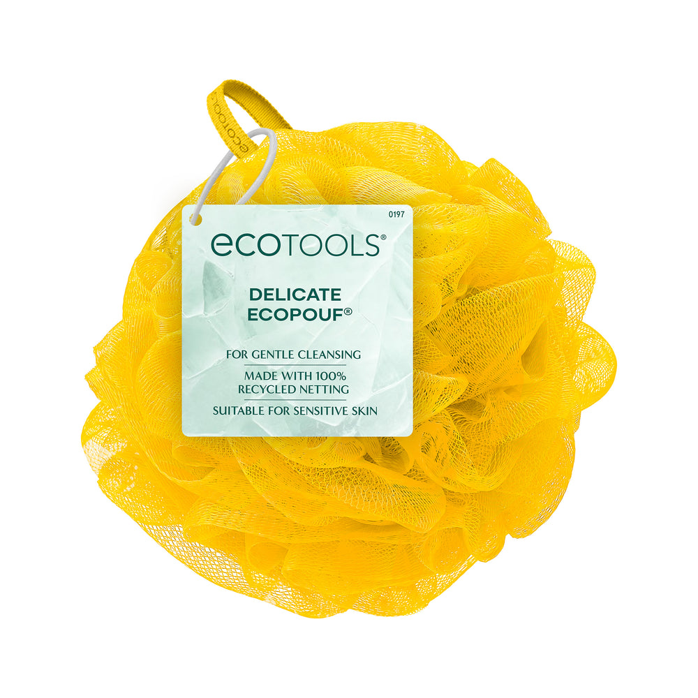 Yellow delicate EcoPouf exfoliating bath pouf with loop handle