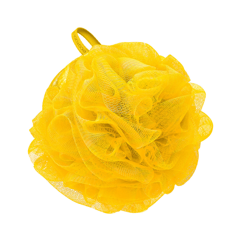Yellow delicate EcoPouf exfoliating bath pouf with loop handle