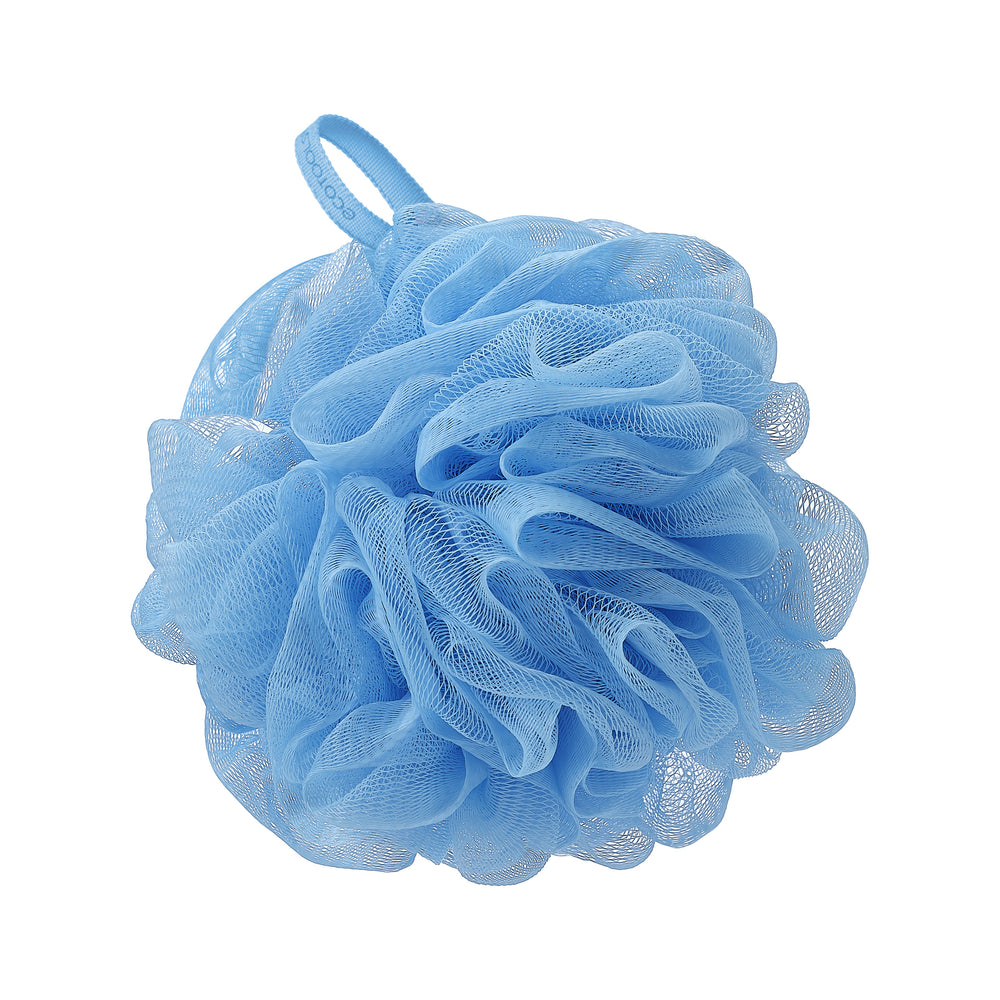 Light blue Delicate EcoPouf mesh cleansing puff, ruffled flower shape