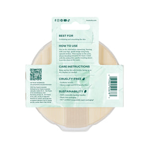 Dry body brush package back with care instructions and ingredient text panel