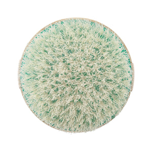 Dry body brush head with green-tinted exfoliating fibers in a circular shape
