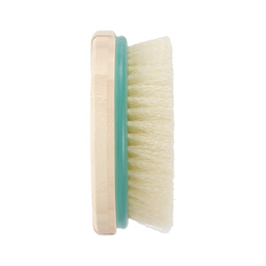 Dry body brush with beige handle and pale bristle head in a teal-edged frame