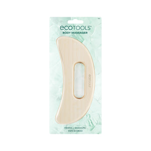 Bamboo body massager on retail package, teardrop shape with cutout handle