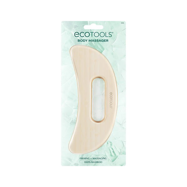 Bamboo body massager on retail package, teardrop shape with cutout handle