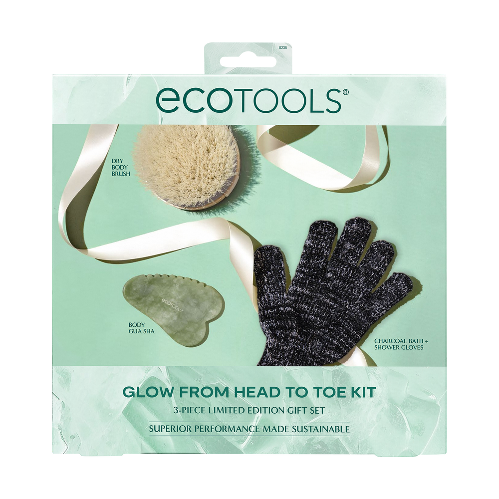 Exfoliating tool set: green gua sha, beige body brush, dark scrub gloves