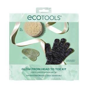 Ecotools Glow from Head to Toe kit packaging with brush, gua sha, and gloves