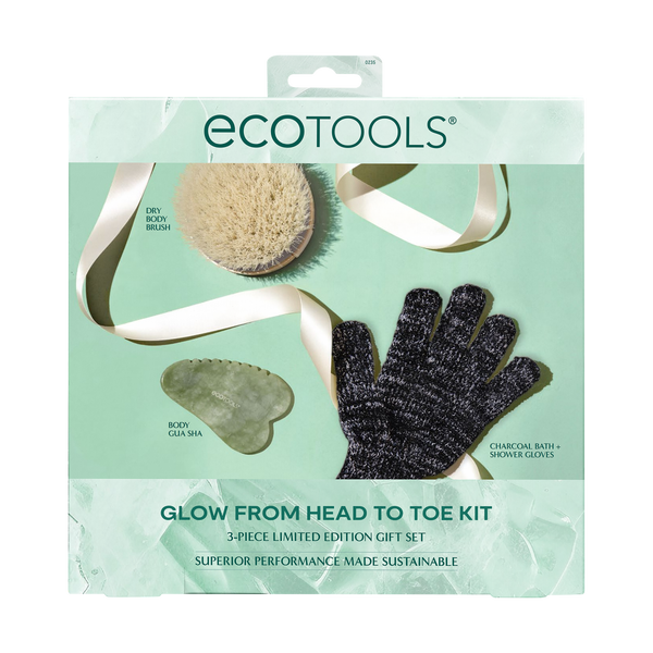 Ecotools Glow from Head to Toe kit packaging with brush, gua sha, and gloves