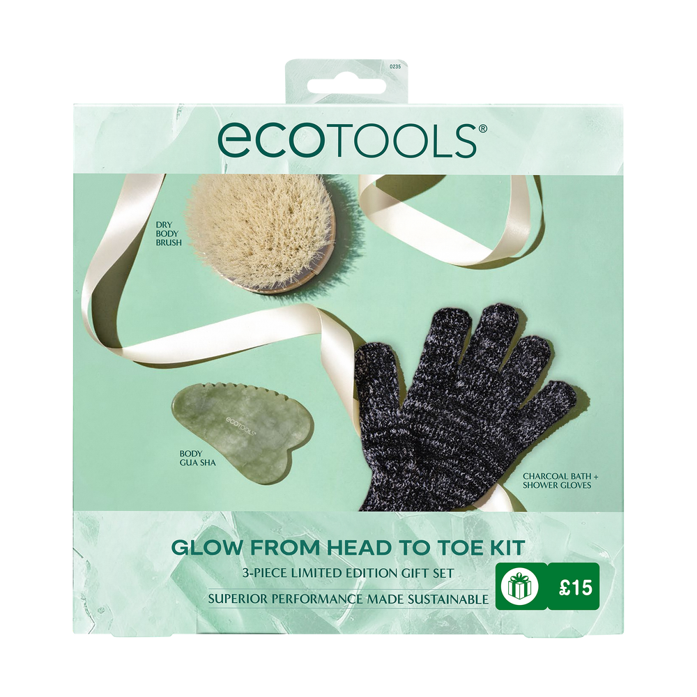 Exfoliating tool set: green gua sha, beige body brush, dark scrub gloves