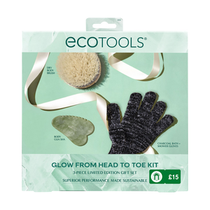 ecotools Glow From Head To Toe kit gift set with dry body brush, gloves, and jade.