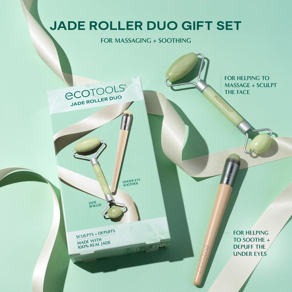 Jade face roller set with two light green heads, metal frames, and beige handles