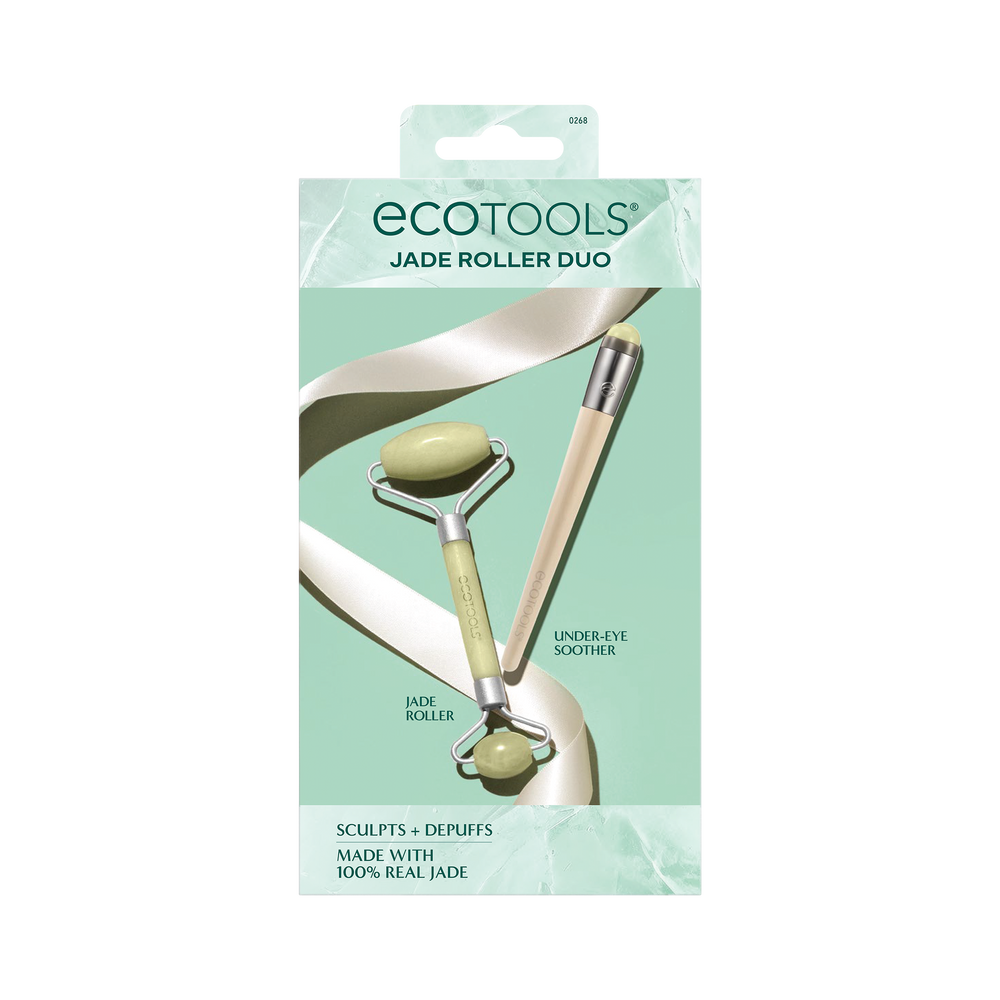 Jade roller set with two oval light green stone rollers and curved silver frames
