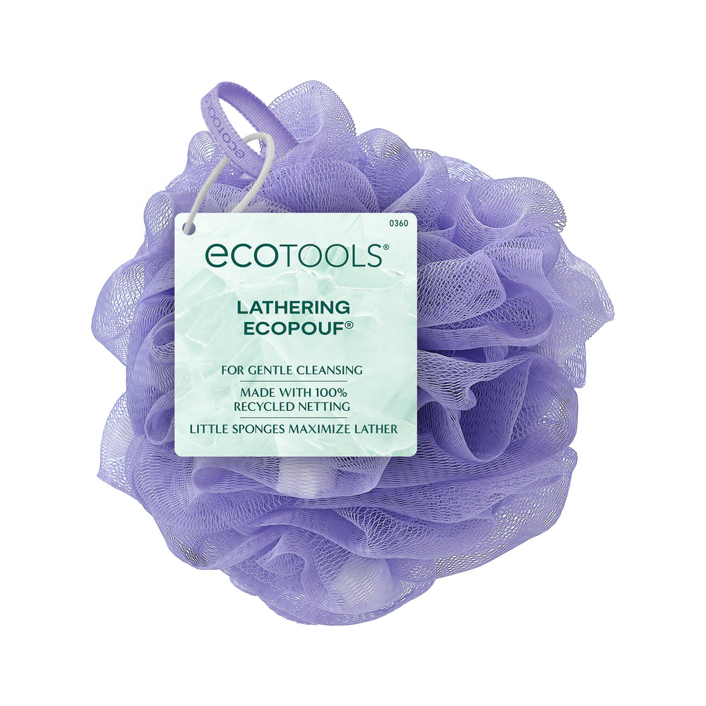 Purple mesh exfoliating pouf with loop handle, tightly ruffled net texture