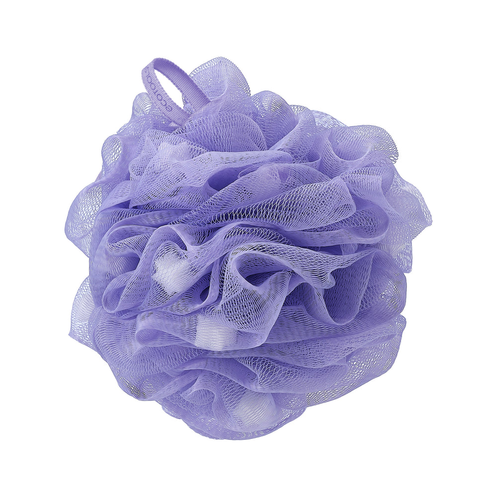 Purple mesh exfoliating pouf with loop handle, tightly ruffled net texture