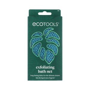 ECOTools exfoliating bath net retail box, teal mesh net pictured on package