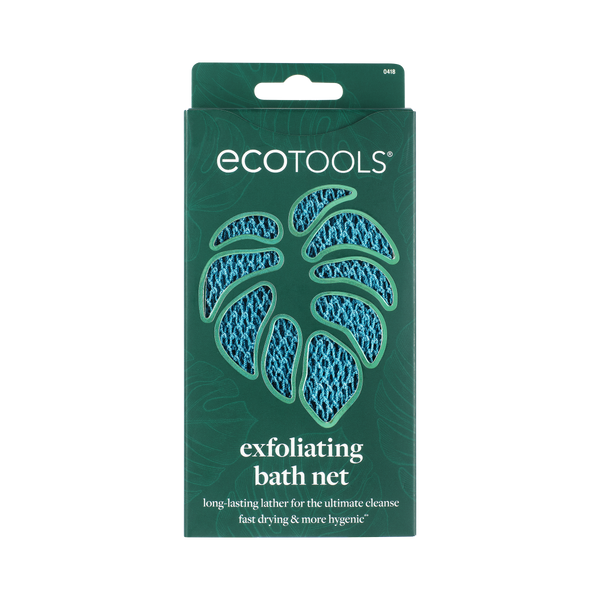 ECOTools exfoliating bath net retail box, teal mesh net pictured on package