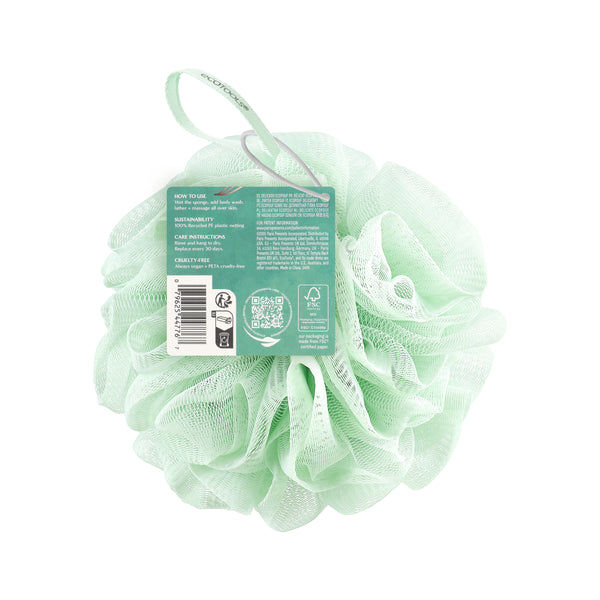 Delicate pouf: mint green mesh bath scrub ball with hanging loop and label