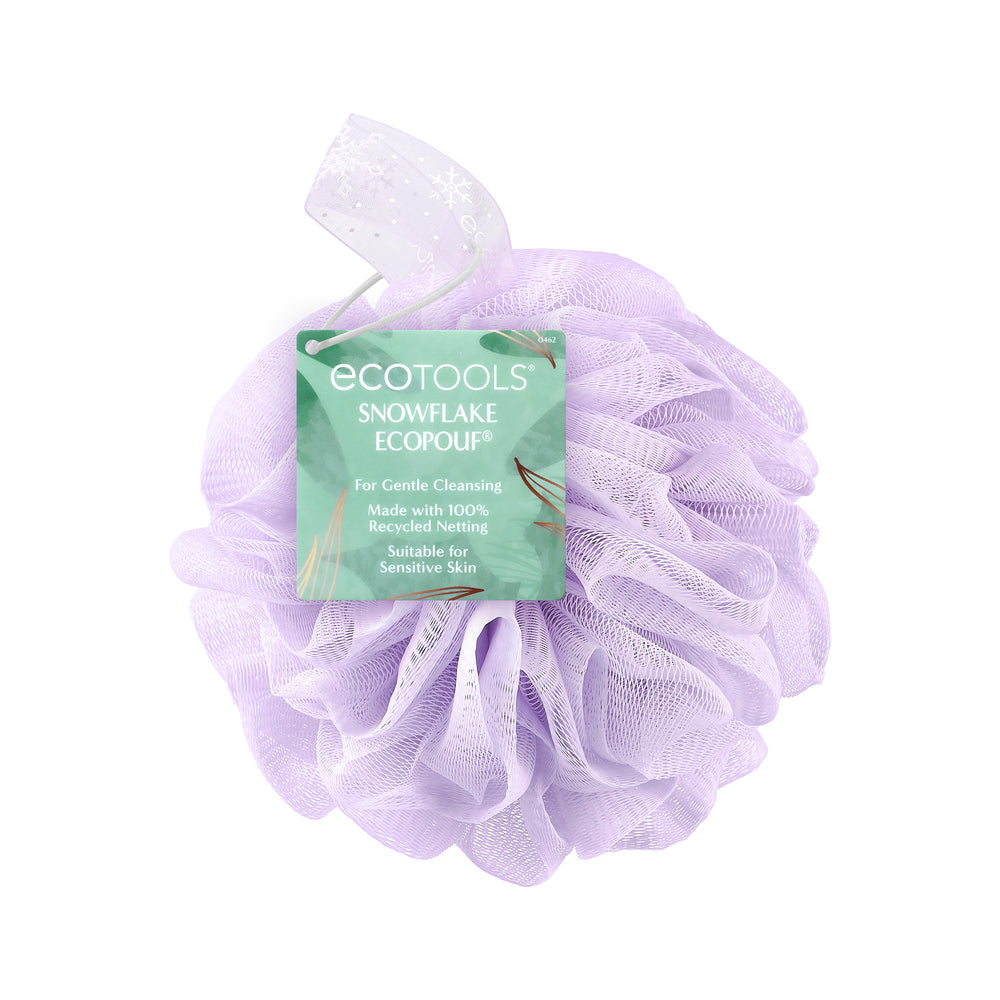 Lavender mesh exfoliating pouf with snowflake pattern