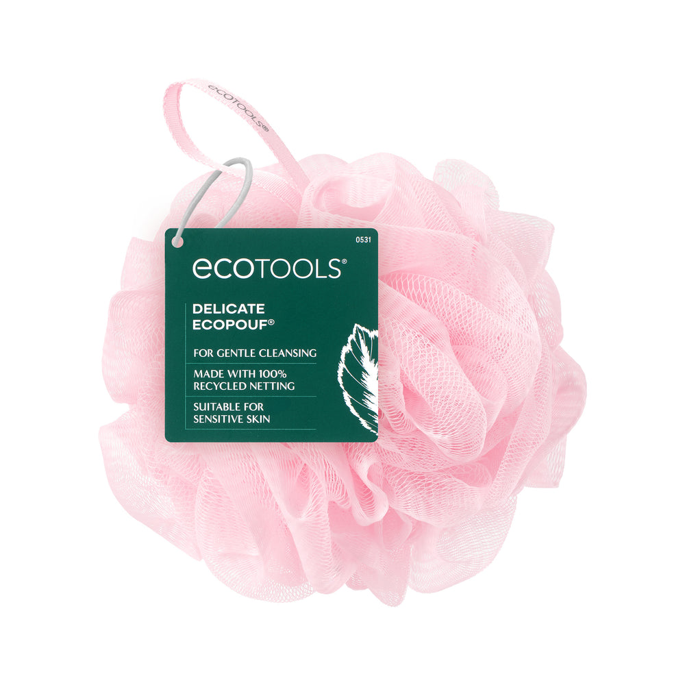 Delicate EcoPouf pink mesh cleansing puff with hanging product label