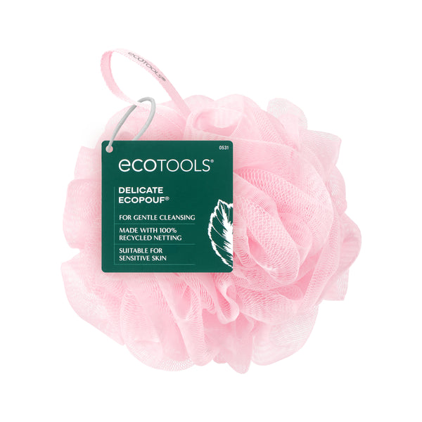 Delicate EcoPouf pink mesh cleansing puff with hanging product label