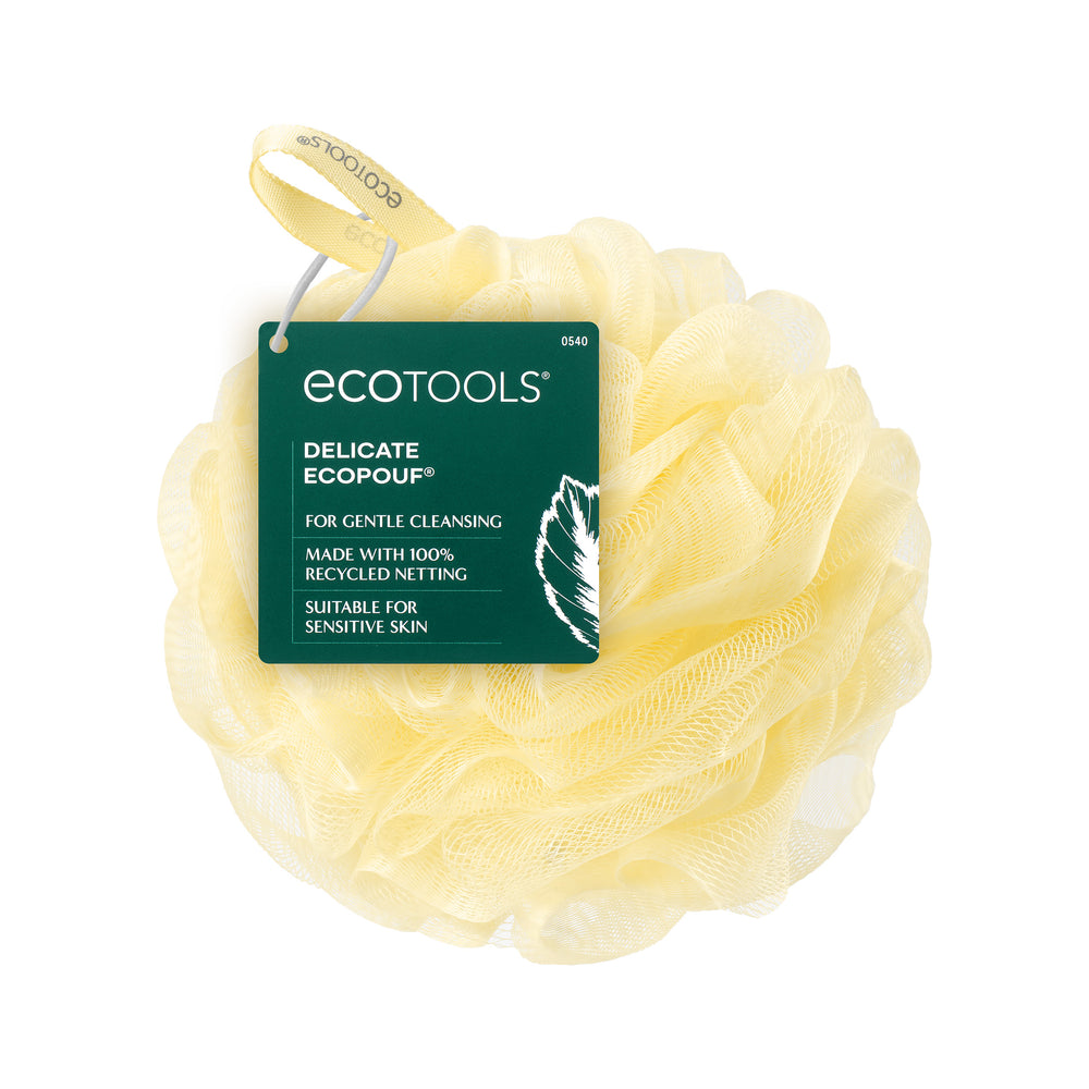 Yellow EcoPouf mesh flower bath sponge with ecotools product label