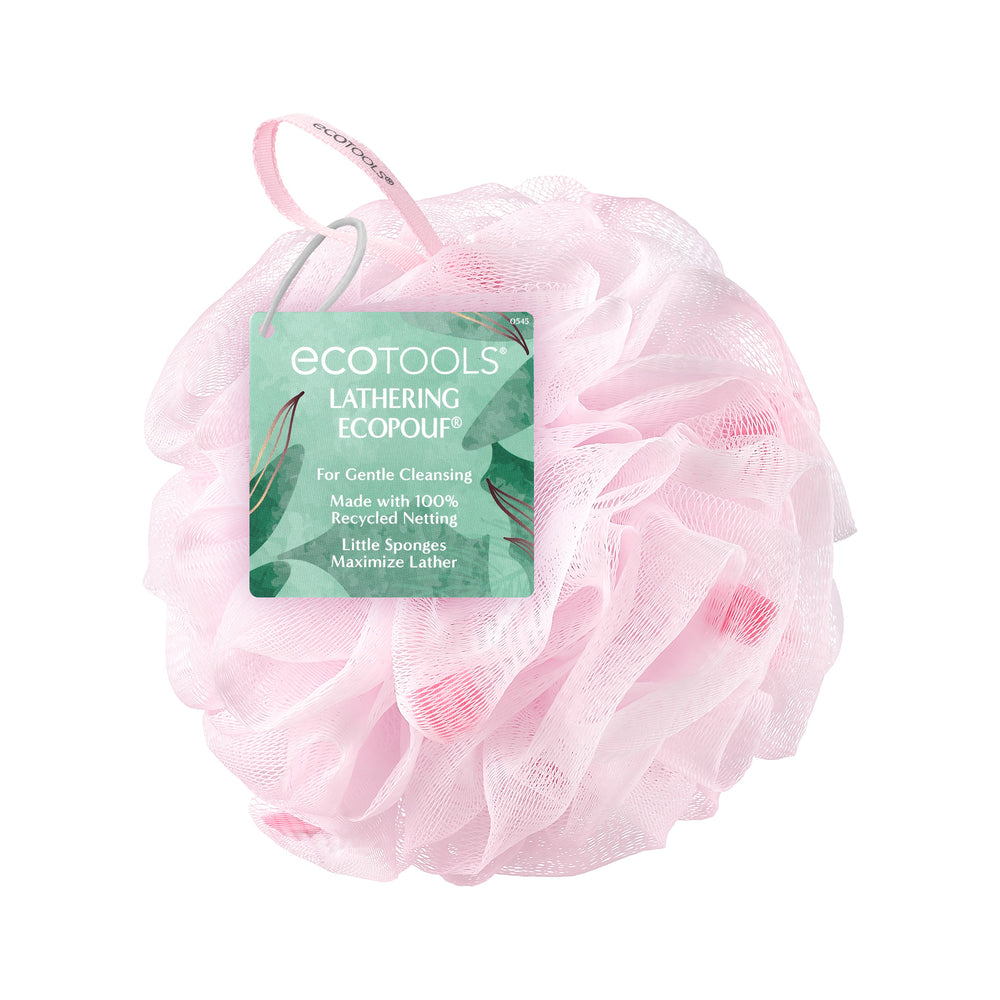 Pink mesh bath pouf with hanging tag and looped ribbon