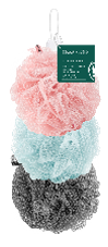 3-pack eco pouf bath sponges: pink, light blue, and dark gray scrubbies