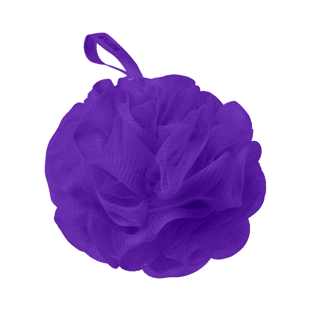 Delicate eco pouf in purple mesh flower shape with loop handle