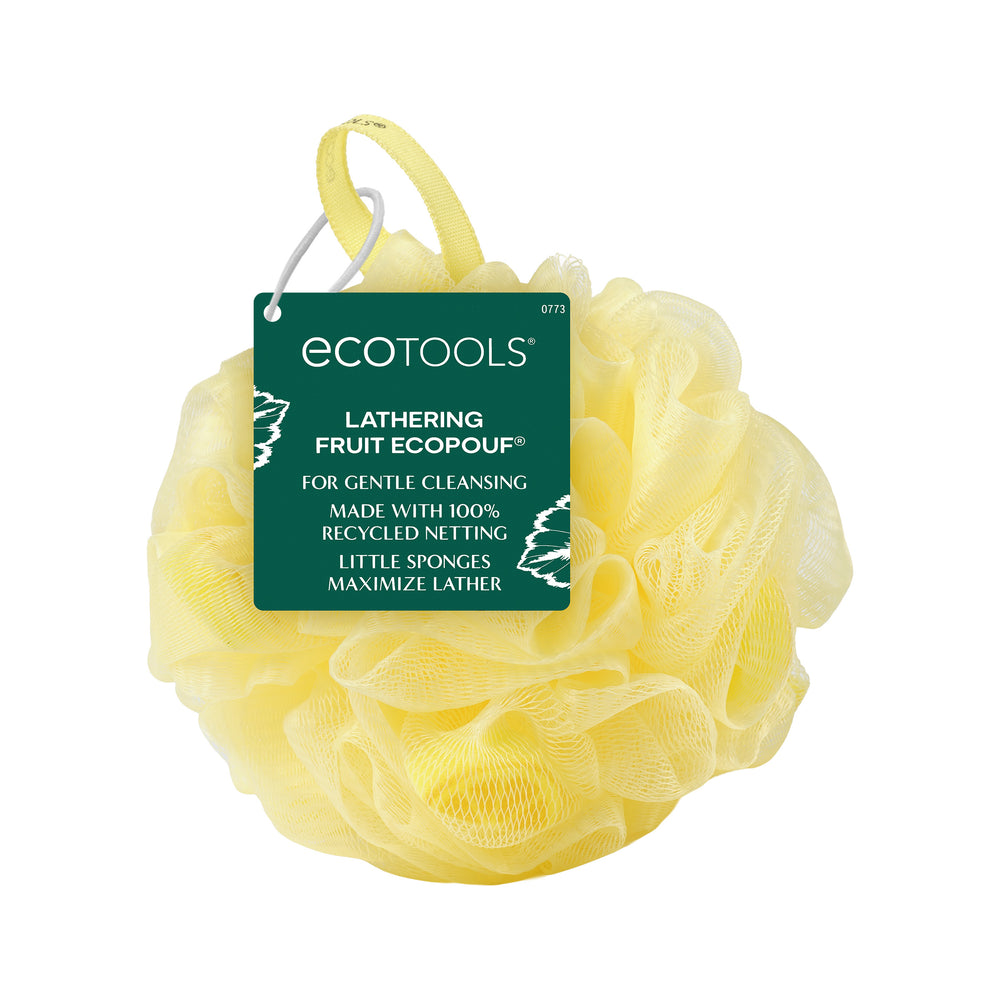 Lemon fruit exfoliating bath sponge, yellow mesh pouf and hanging loop