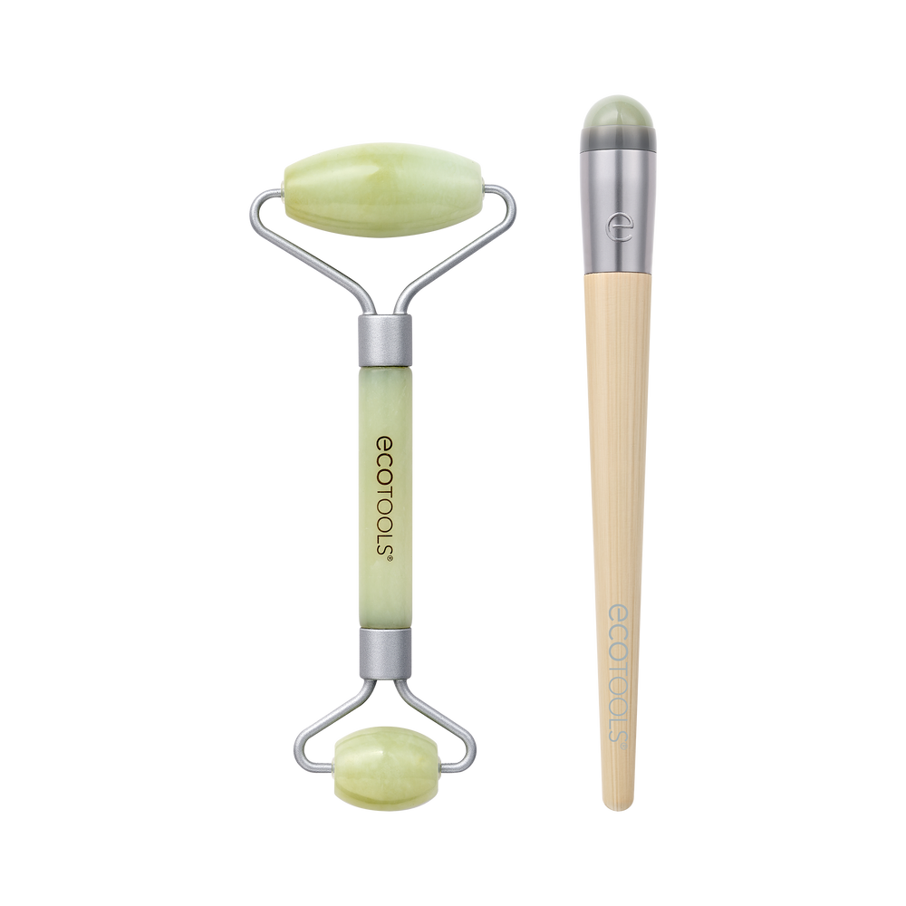 Jade roller set with two oval light green stone rollers and curved silver frames