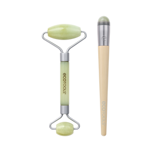 Jade roller set with two oval light green stone rollers and curved silver frames