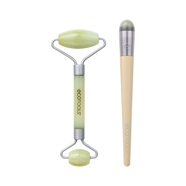 Jade roller set with two oval light green stone rollers and curved silver frames