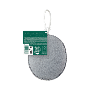 Grey oval exfoliating puff with hanging cord and ECOTOOLS info tag