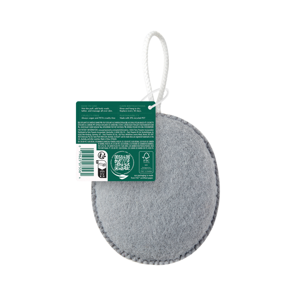 Grey oval exfoliating puff with hanging cord and ECOTOOLS info tag