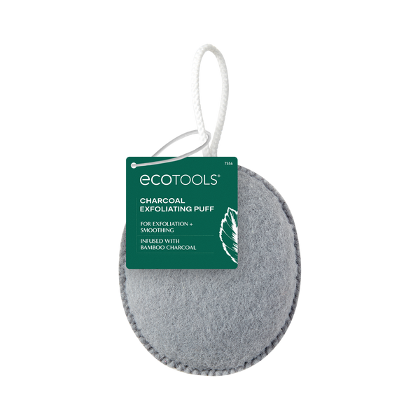 Grey oval exfoliating puff with hanging cord and ECOTOOLS charcoal tag