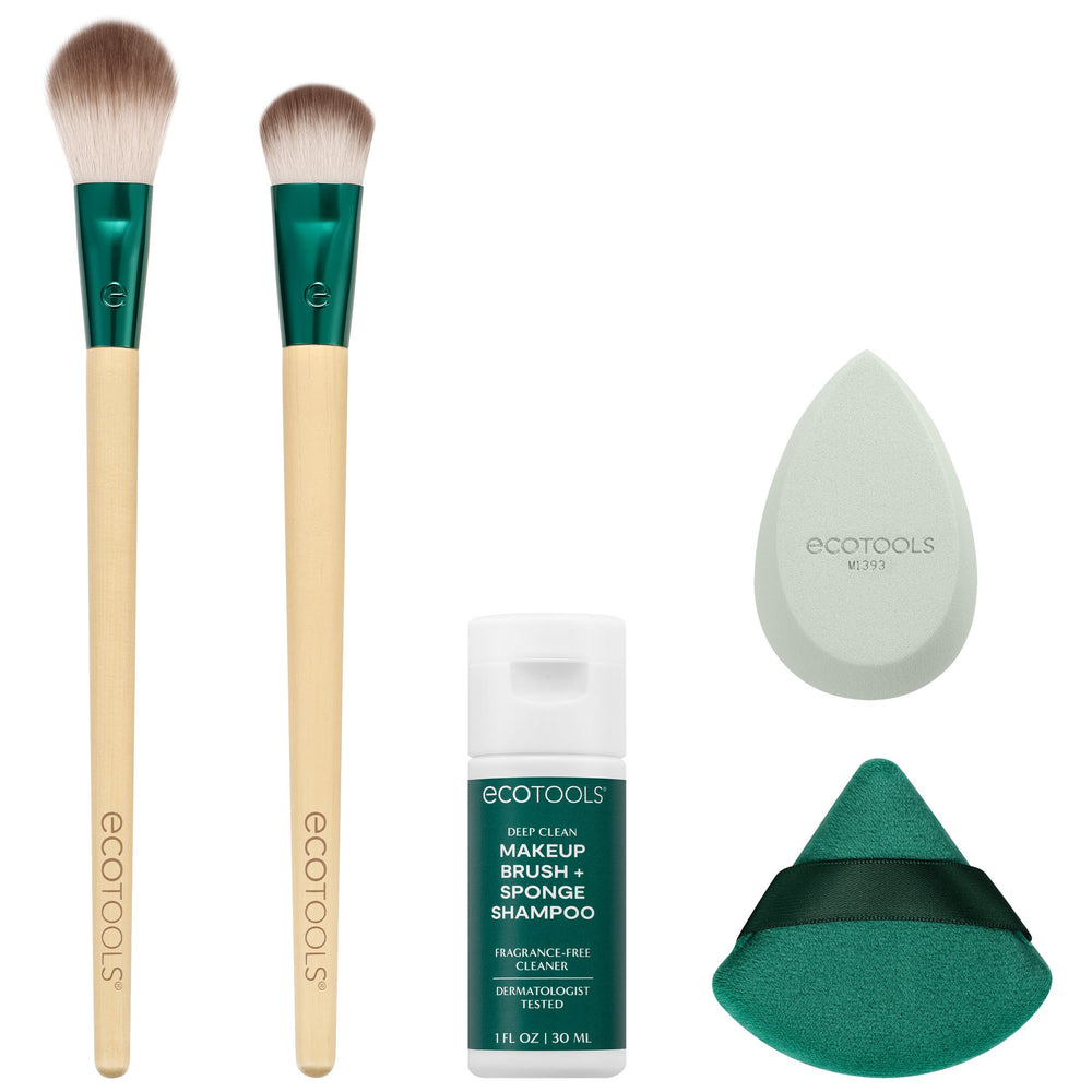 Face makeup tool set with two green-handled brushes, drop sponge, triangle sponge, and bottle