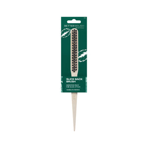 Slick back brush displayed on package with cream handle and black bristles