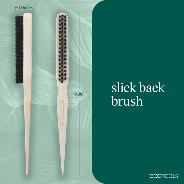 Slick back brush size graphic showing cream handle and black bristle head