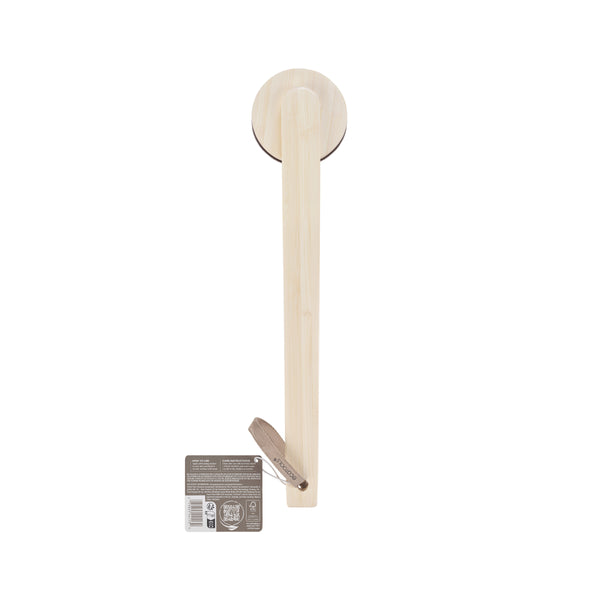 Self-tan back applicator with round brush head, light wood handle, and packet