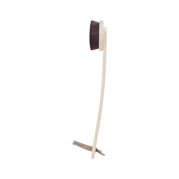 Wood-handled self-tan applicator with round dark brush pad and long handle