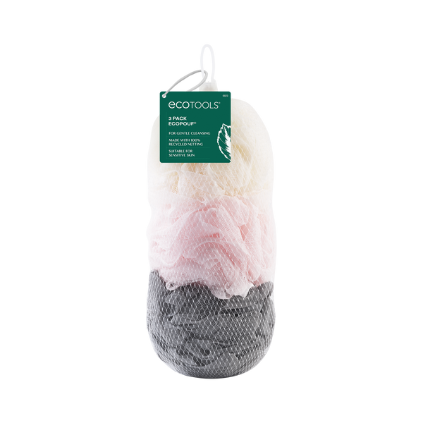 Packaged set of 3 bath sponge loofahs in net pouch, pink and gray loofahs