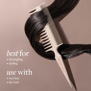 Double-sided detangling comb styling black hair with long and short teeth