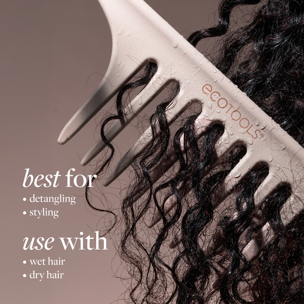 Wide tooth comb through black curly hair, wide teeth for detangling and styling