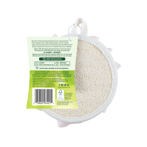 Back view of beige exfoliating cleansing pad with net backing and label details.