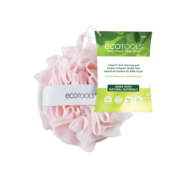 Pink loofah cleansing pad with ecotools label and attached product package card.