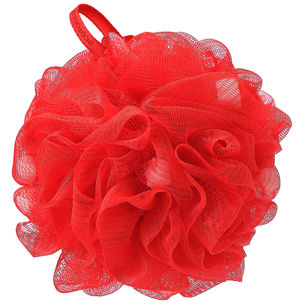 Red lathering eco pouf with dense mesh netting flower shape