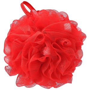 Red lathering eco pouf with dense mesh netting flower shape